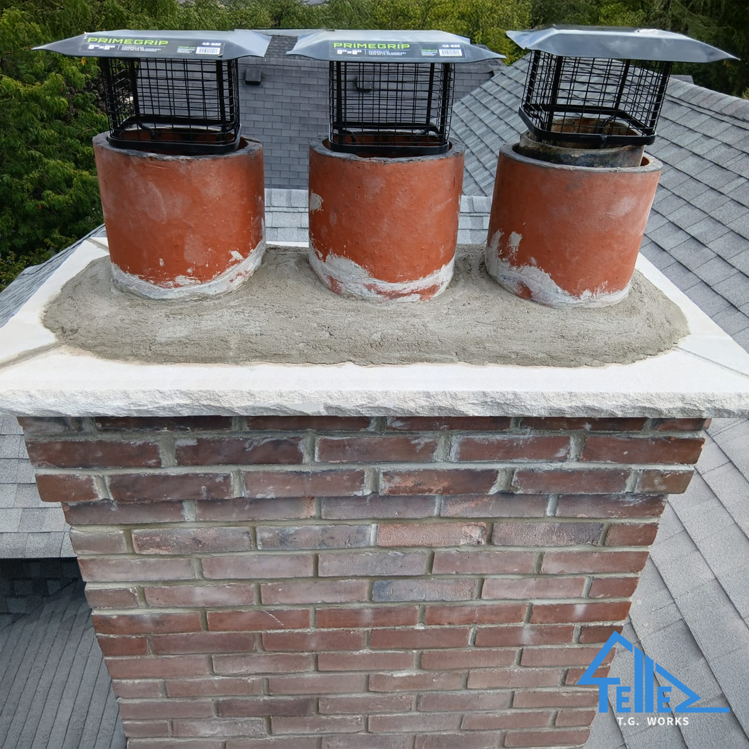 Chimney restoration and brick repair with new caps in Toronto