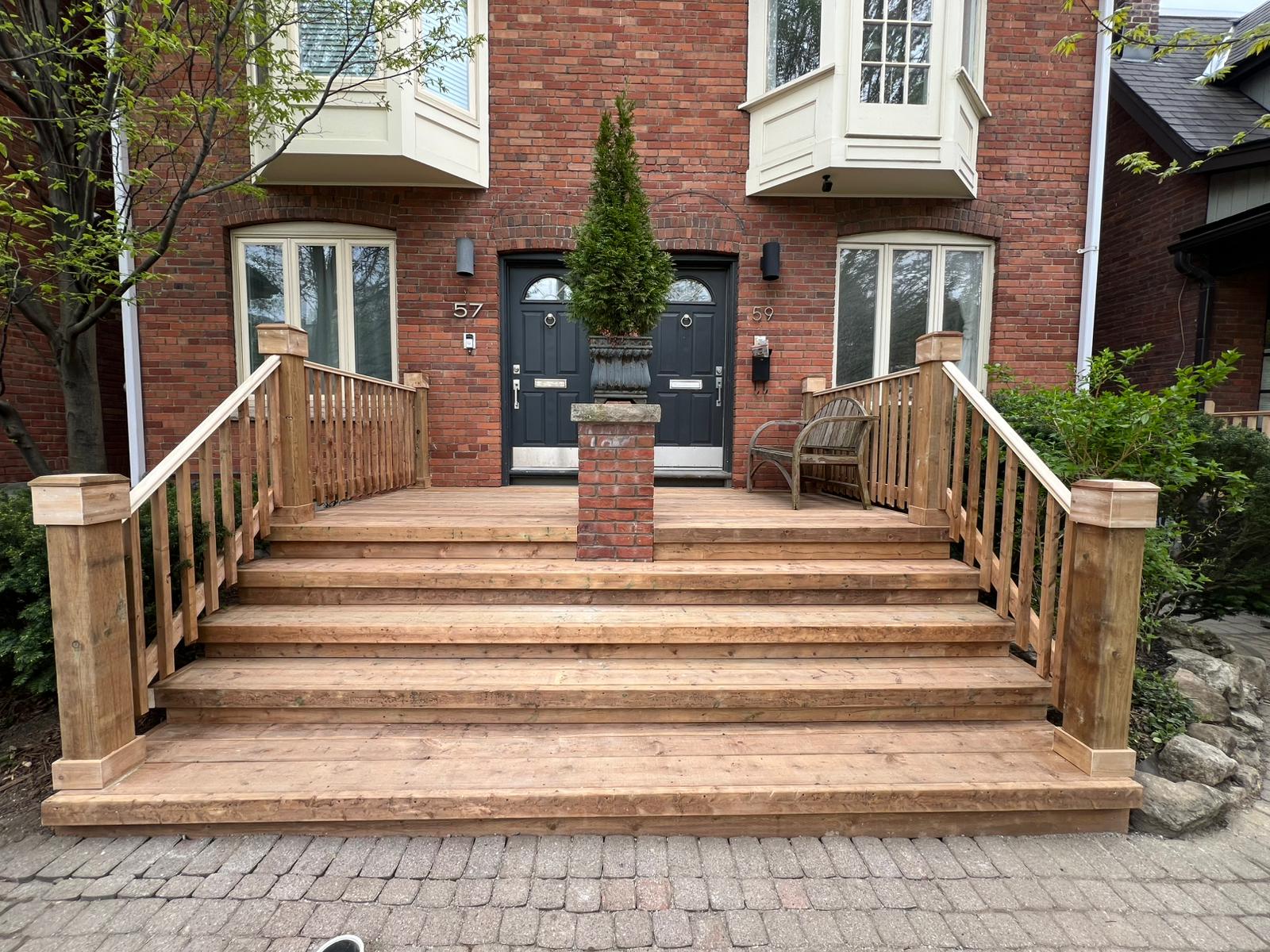 Custom wood deck and front entrance stairs for Toronto home